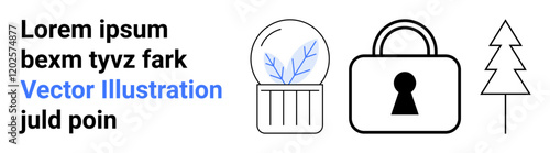 Snow globe with a tree, padlock icon, and tree outline with placeholder text in different fonts. Ideal for website design, branding, security themes, winter themes, holiday promotions, digital art