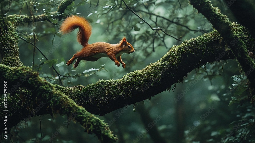 Obraz premium Squirrel on mossy branch amidst dense forest backdrop