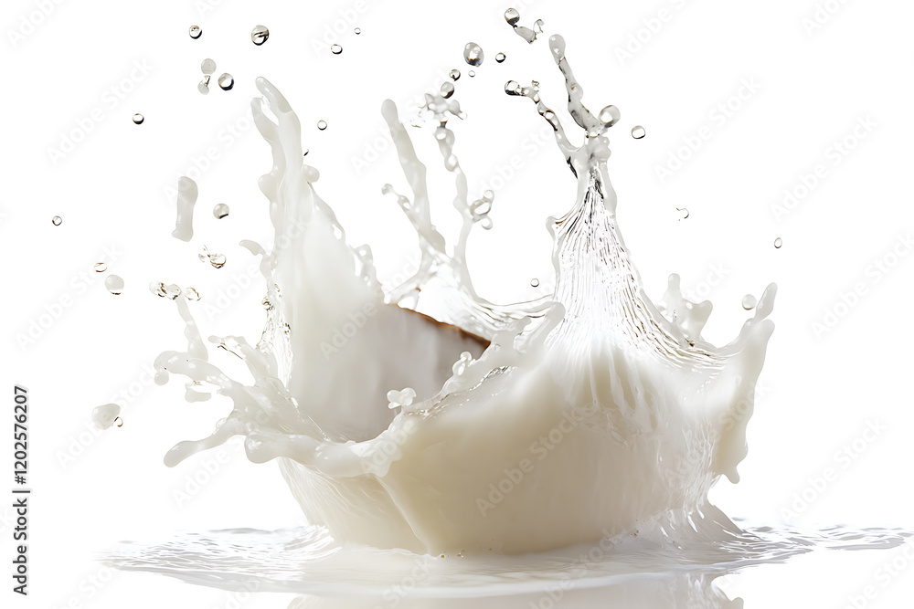 Tropical treat: fresh coconut water in dynamic splash isolated on a white background Tropical treat: fresh coconut water in dynamic splash isolated on a white background
