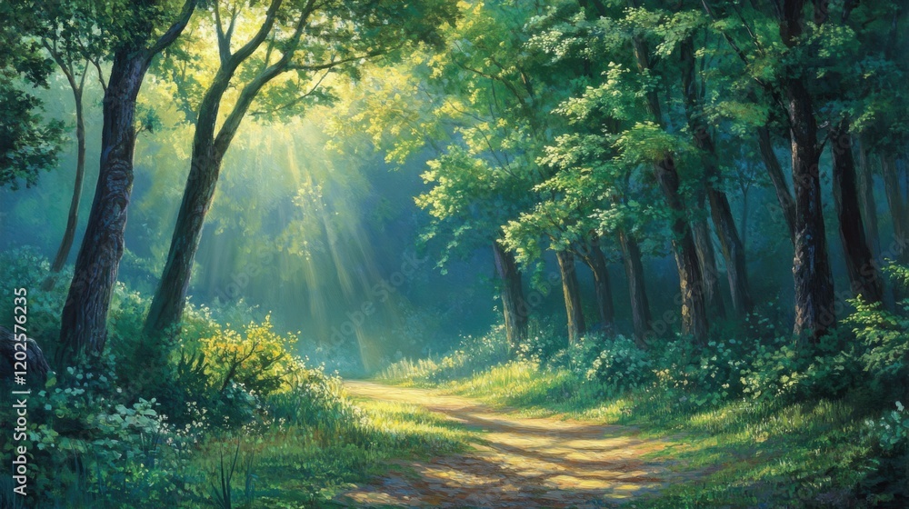 Serene forest path with sunlight and foliage Serene forest path with sunlight and foliage