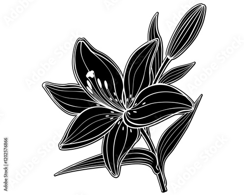 Black silhouette of a large lily flower with leaves, bud and stem - stock illustration. Lily - inverted black and white picture - silhouette