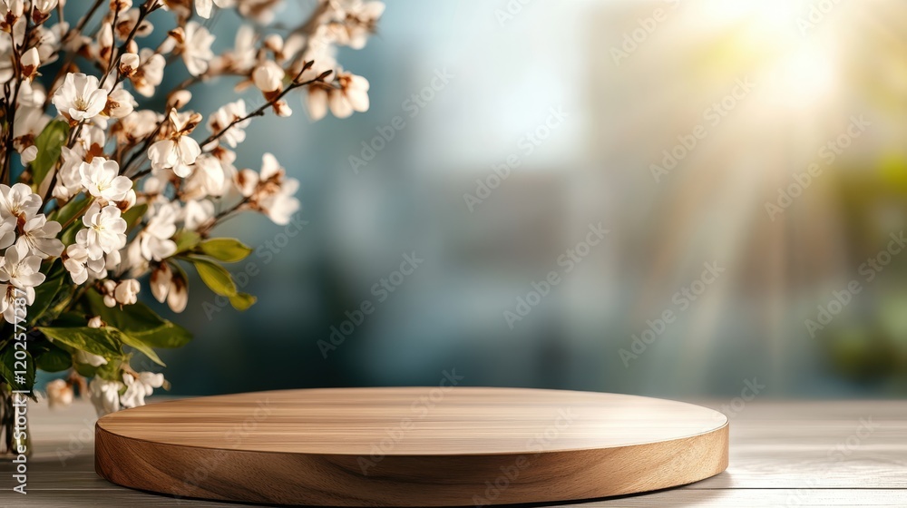 Springtime celebration with wooden podium and festive decor Springtime celebration with wooden podium and festive decor