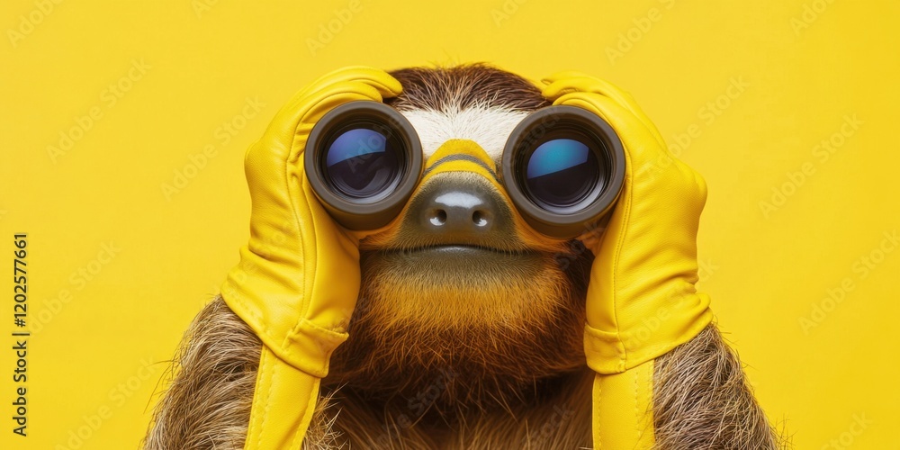 Fototapeta premium Sloth in yellow gloves with binoculars