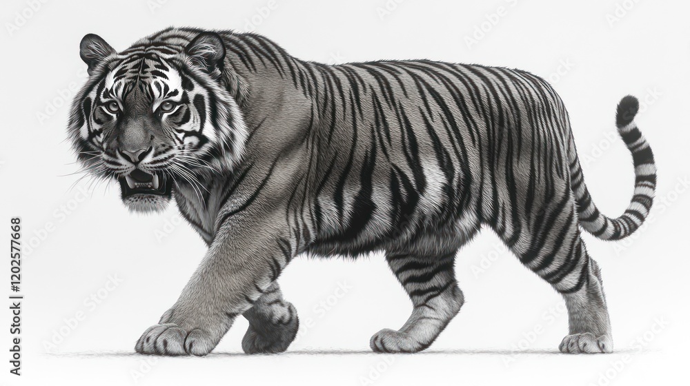 Naklejka premium Studio shot of a grey tiger walking, white background, wildlife illustration, for print