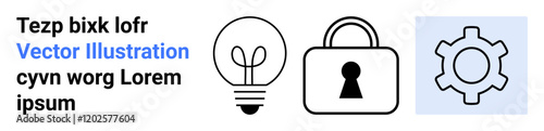 Light bulb, padlock, and gear icons representing ideas, security, and industry upgrades. Ideal for technology, innovation, security, industry engineering creative thinking online applications
