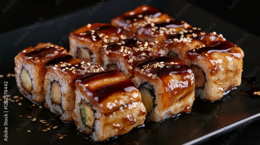 Eight pieces of Unagi sushi rolls on a black plate, garnished with sesame seeds and unagi sauce. Eight pieces of Unagi sushi rolls on a black plate, garnished with sesame seeds and unagi sauce.