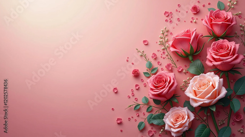 pink roses Floral Arrangement with Heart Decorations, Valentine's Day concept banner with copyspace