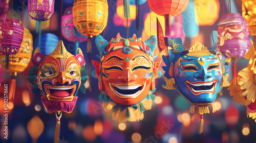 Vibrant festival masks display with colorful lanterns and decorative art in celebration. Colorful Festival Parade. Illustration photo