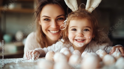 Joyful mother and daughter create Easter memories with painted eggs