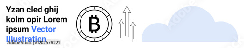 Bitcoin symbol inside circle, three upward arrows, blue cloud shape. Ideal for finance, cryptocurrency, technology, cloud storage, investment, digital currency, data analysis. Landing page