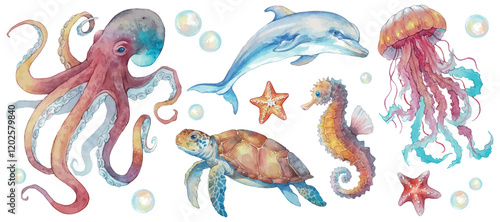 Set with hand drawn sea life elements. Sea animals: octopus, dolphin, turtle, jellyfish, sea horse, starfish and bubbles. Watercolor set of marine life objects for your design