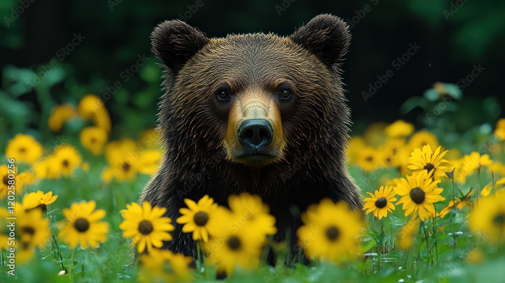 Fototapeta premium Bear, flowers, forest, wildlife, nature, calm, portrait, summer, background, poster