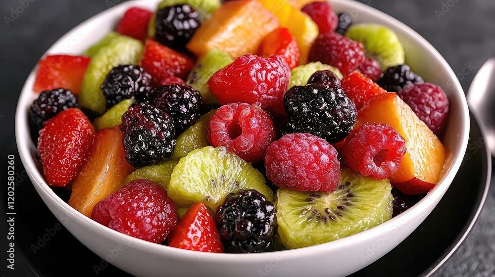 Fresh fruit salad in bowl, close-up, dark background, healthy eating Fresh fruit salad in bowl, close-up, dark background, healthy eating