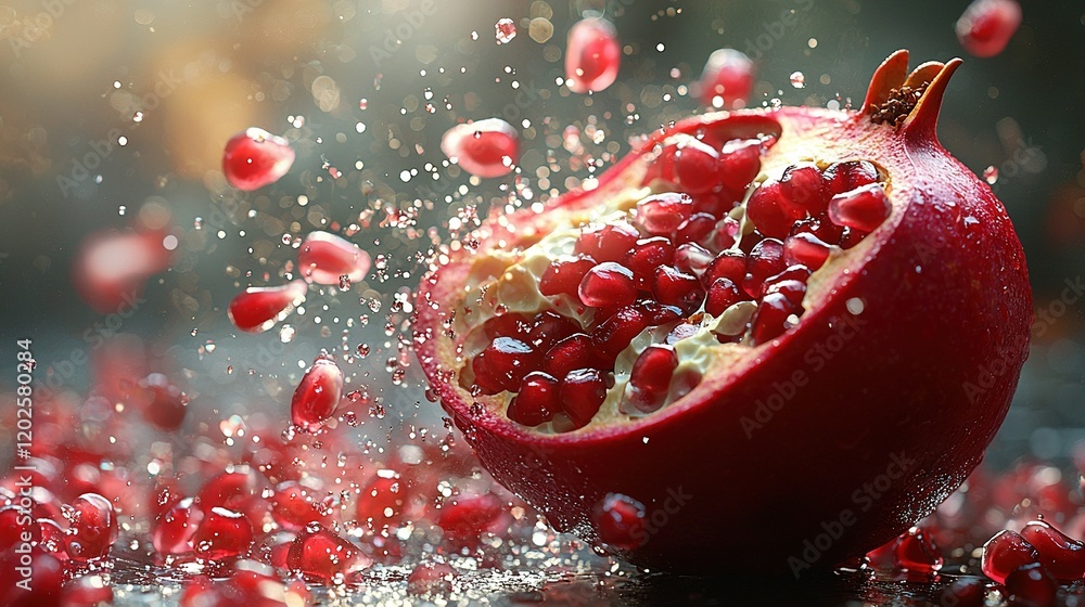 Pomegranate close-up on table with droplets Pomegranate close-up on table with droplets
