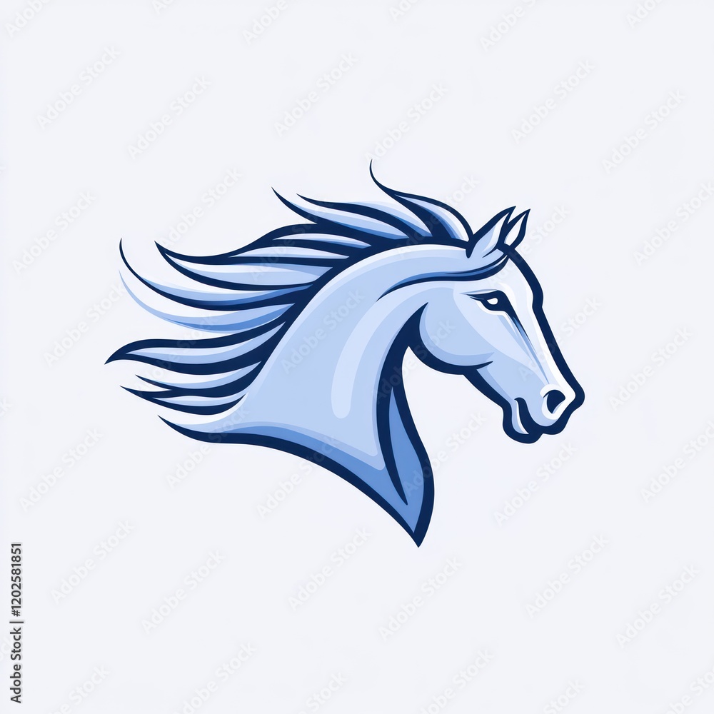 Fototapeta premium Majestic horse head profile, windswept mane, light blue, simple background, equestrian design