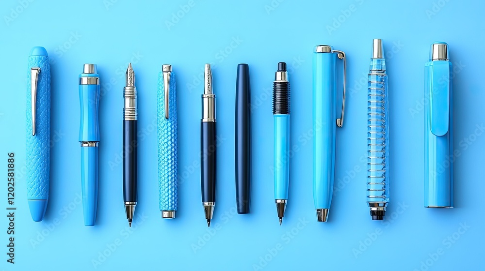 A collection of blue pens arranged neatly on a blue background, showcasing various styles and designs. A collection of blue pens arranged neatly on a blue background, showcasing various styles and designs.