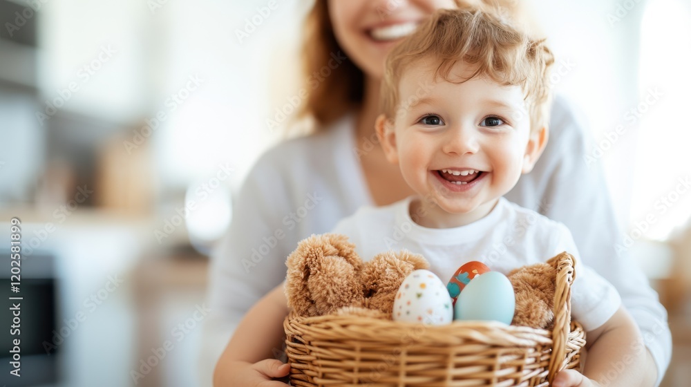 Joyful Easter moments with mother and son in a cozy kitchen Joyful Easter moments with mother and son in a cozy kitchen