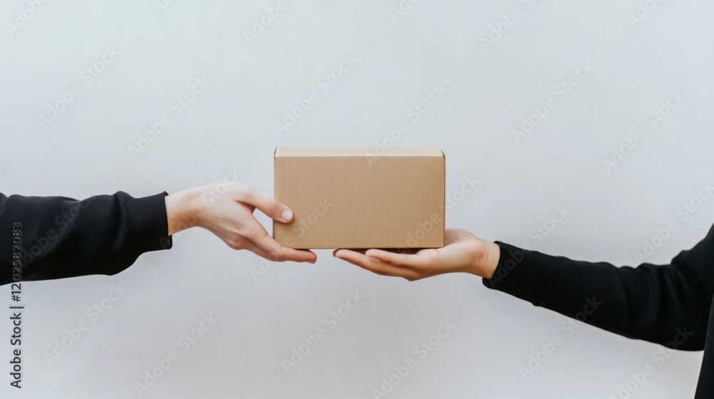 Two people exchanging a cardboard box