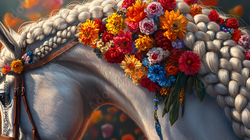 A beautifully braided horse mane adorned with colorful flowers, ready for a traditional parade or festival. Colorful Festival Parade. Illustration