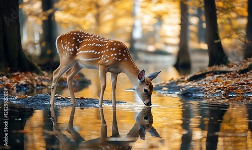 Autumn Deer Drinking at Forest Pond; wildlife, nature, tranquil photo