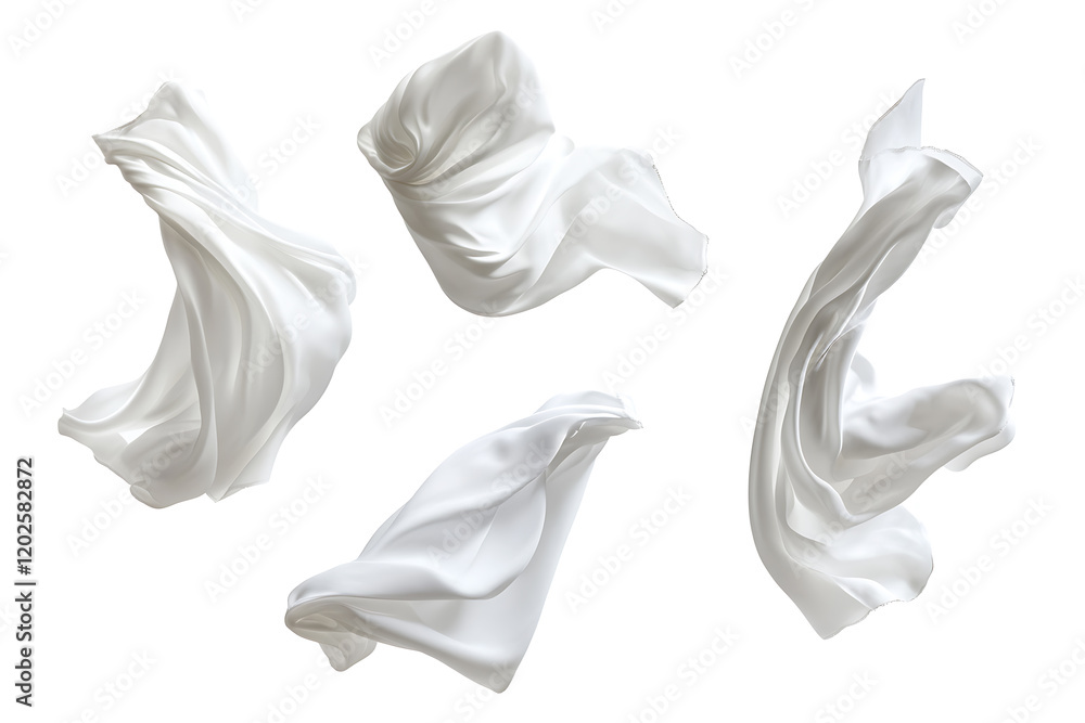 Set of floating elegant white fabrics isolated on a white background Set of floating elegant white fabrics isolated on a white background
