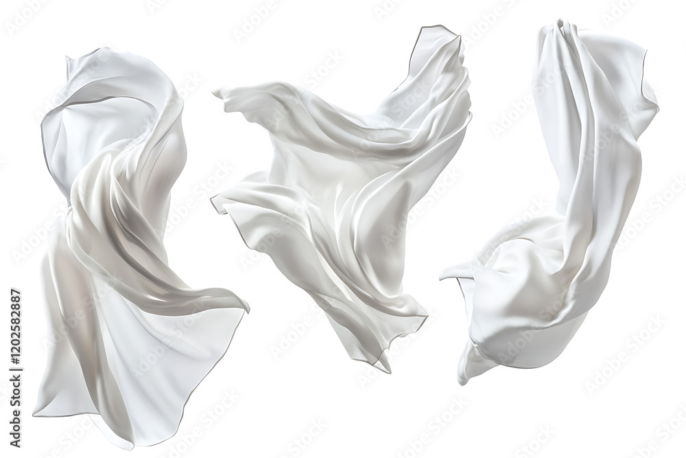 Fototapeta premium Set of floating elegant white fabrics isolated on a white background