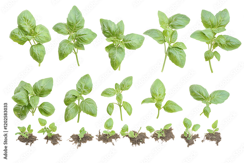 Set of fresh basil leaves isolated on a white background Set of fresh basil leaves isolated on a white background