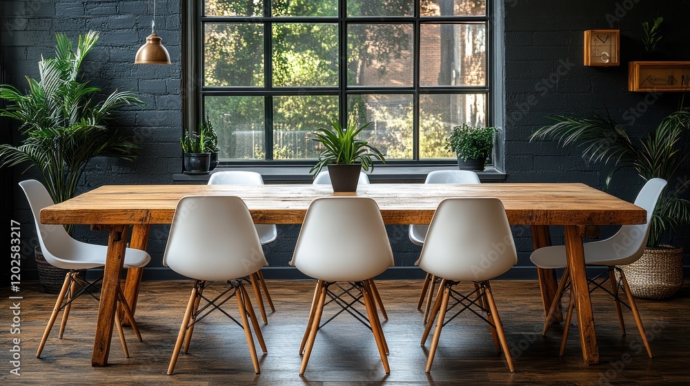 Fototapeta premium Rustic dining room with large window, plants, and empty chairs