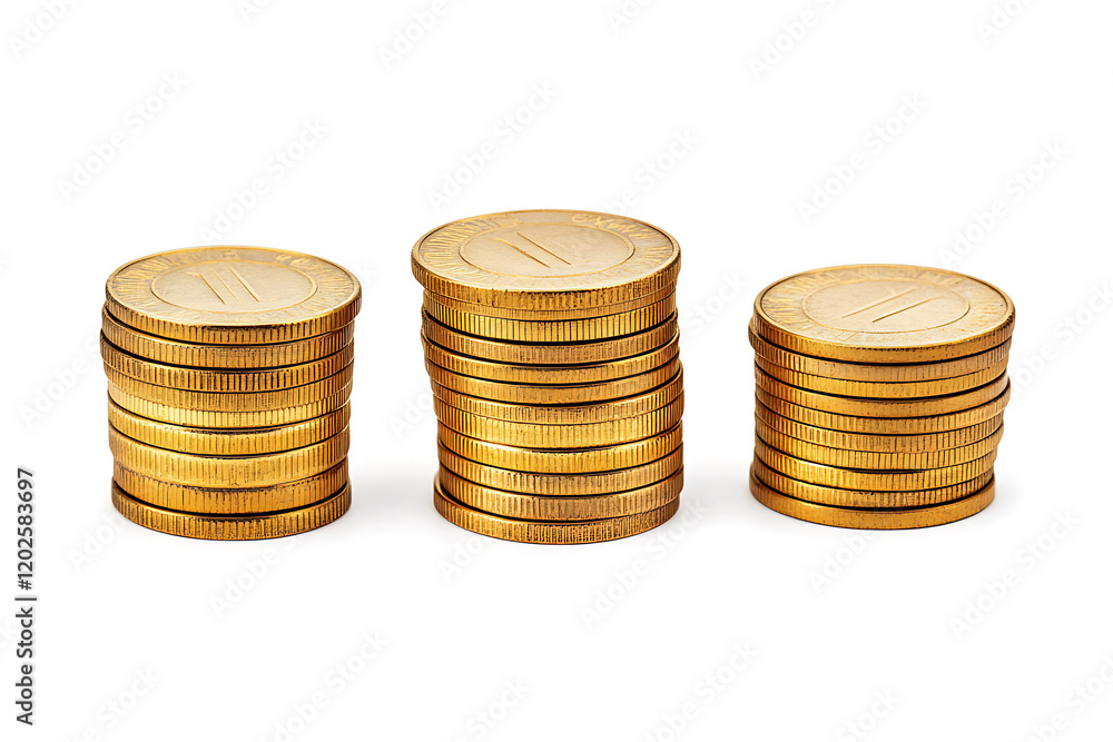 Set of gold coins stacks isolated a white background Set of gold coins stacks isolated a white background