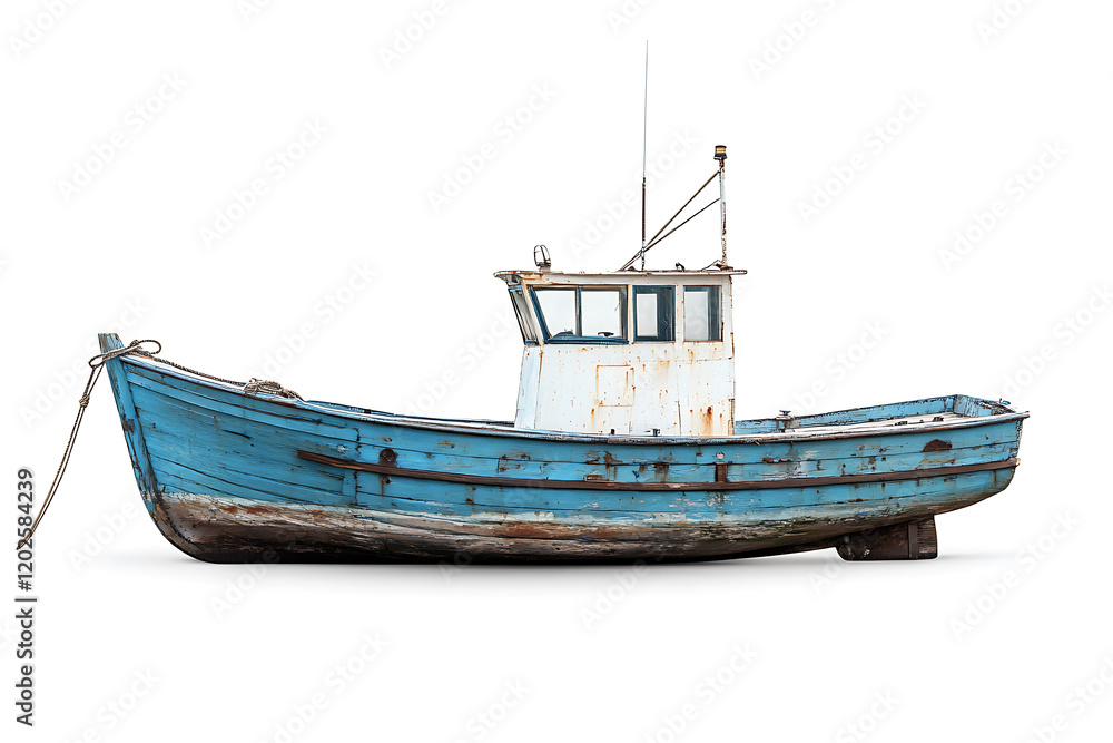 Old blue wooden fishing boat isolated on a white background