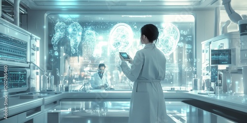 laboratoire dans un cadre clinique blanc. scientifique en arrière-plan utilisant la microscopie pour étudier des lames microscopiques. sensation futuriste. hologramme anatomique défocalisé