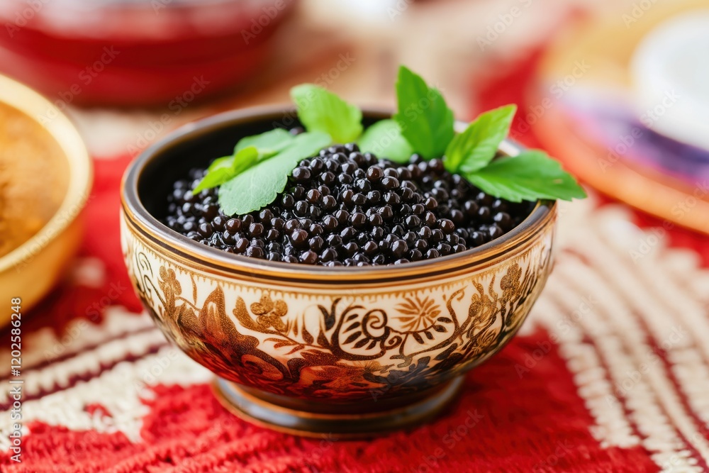 Black caviar in ornate decorative bowl. Black caviar in ornate decorative bowl.