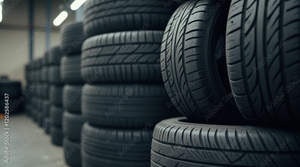 tire stacks in a shop, various tire sizes neatly arranged tire stacks in a shop, various tire sizes neatly arranged