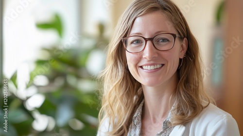 smiling female medical advisor looks into the camera, blurry background, 16:9 photo