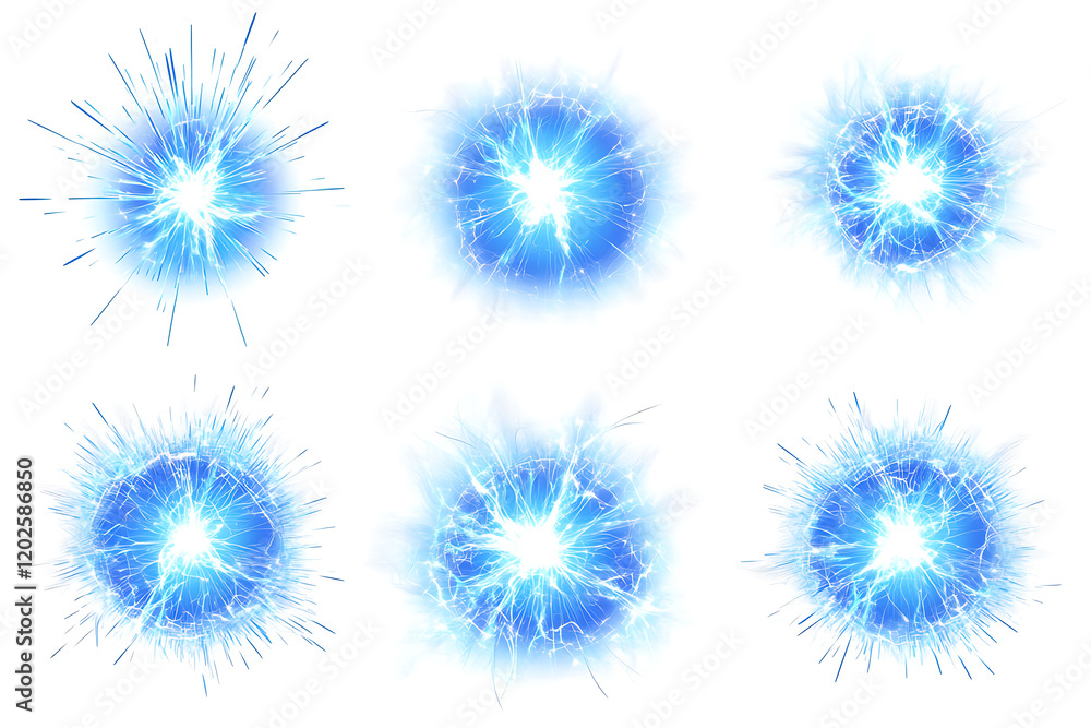 Realistic set of blue round sparking discharge isolated a white background Realistic set of blue round sparking discharge isolated a white background