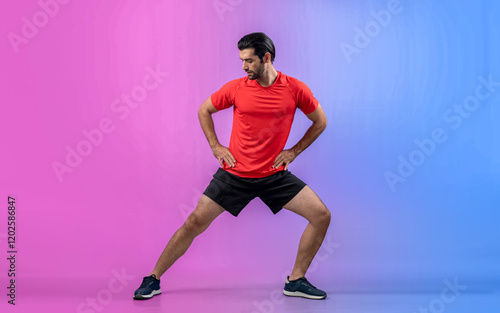 Obraz na plátně Full body length gaiety shot athletic and sporty young man with fitness warmup and stretching body for pre exercise posture on isolated background