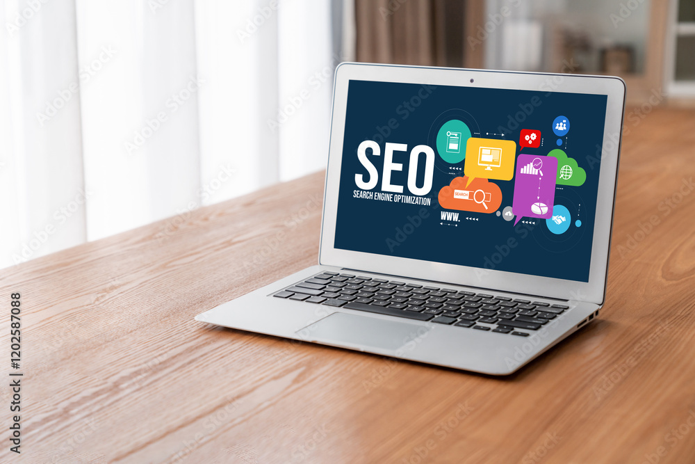 SEO search engine optimization for modish e-commerce and online retail business showing on computer screen SEO search engine optimization for modish e-commerce and online retail business showing on computer screen