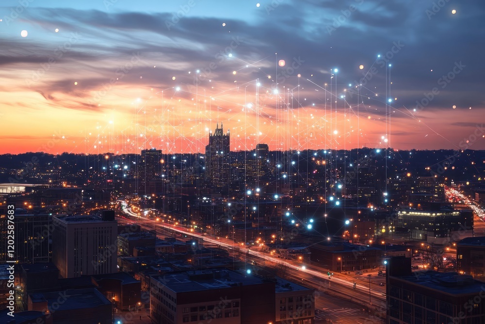 Fototapeta premium digital innovation concept glowing network connections over cityscape