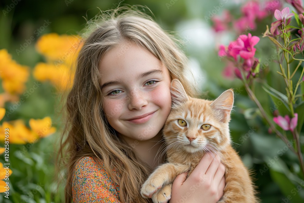 Caucasian child girl with blonde hair and green eyes holding ginger cat in blooming garden, smiling young female embracing orange tabby pet among pink flowers