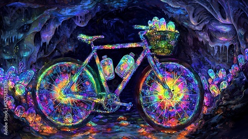 Bike in glowing cave, carrying supplies, crystals around.  Use Fantasy art, adventure