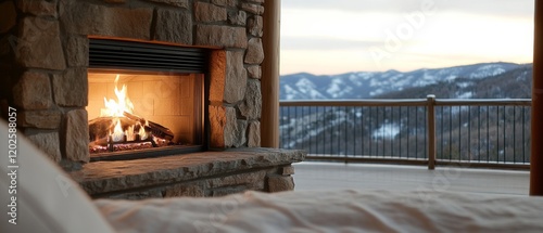 A cozy fireside with a grand view of snow-capped mountains, offering warmth and tranquility in an inviting mountain retreat. photo