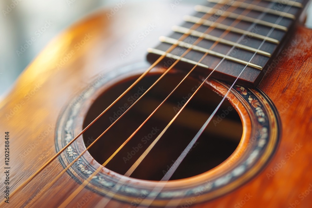 Closeup of an acoustic guitar with visible strings Closeup of an acoustic guitar with visible strings