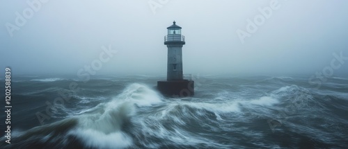 A lighthouse stands strong, steadfast against stormy seas and relentless waves, guiding through sea's chaos. photo