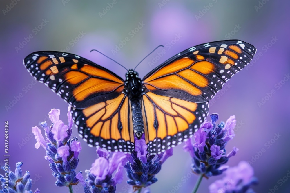 Monarch butterfly perched on a lavender flower in a sunny field Monarch butterfly perched on a lavender flower in a sunny field
