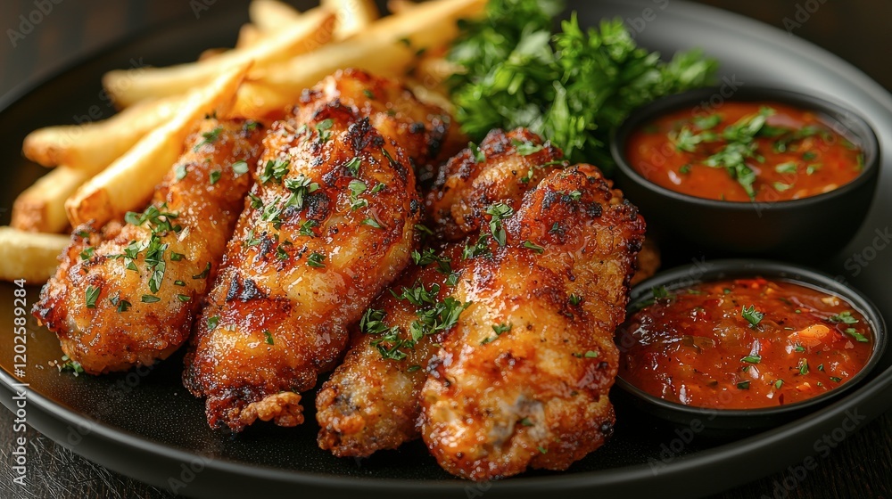 Crispy Chicken Wings with French Fries and Dipping Sauces: A Delicious Meal Crispy Chicken Wings with French Fries and Dipping Sauces: A Delicious Meal