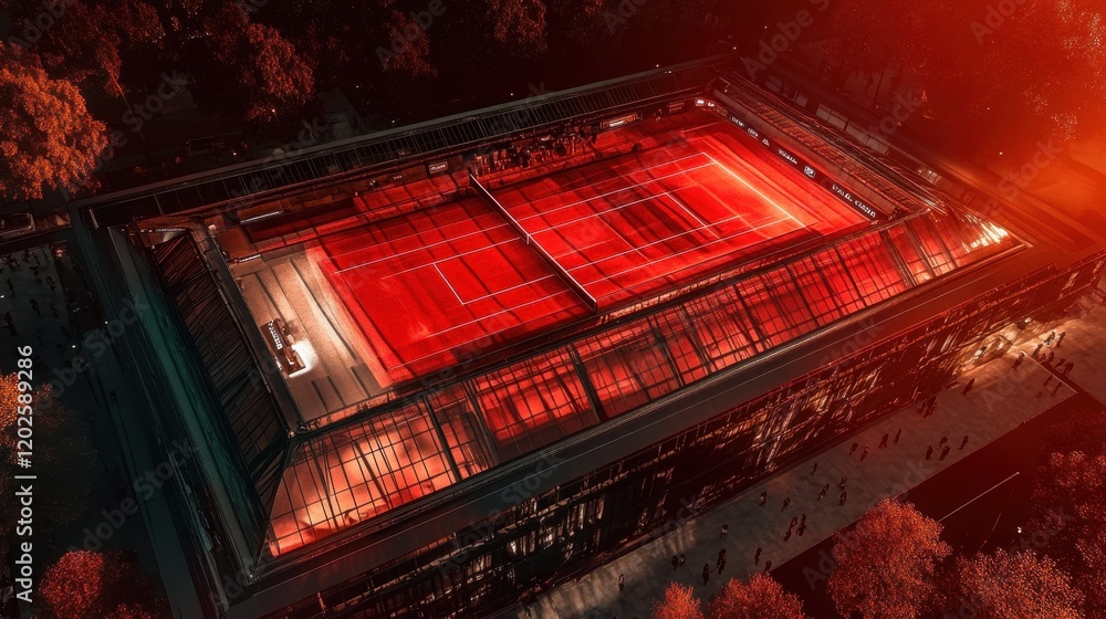 Obraz premium An aerial view of a lively tennis court bathed in vibrant red lights, evoking a sense of energy, competition, and the spirited atmosphere of outdoor sports.