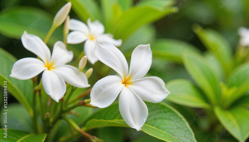 Delicate jasmine flowers blooming amidst lush greenery, beauty of nature Delicate jasmine flowers blooming amidst lush greenery, beauty of nature