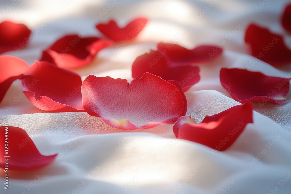 Scattered red rose petals on a white surface Scattered red rose petals on a white surface