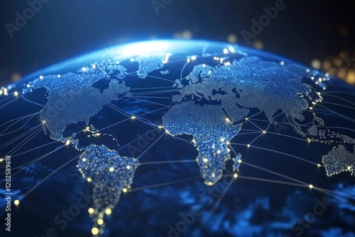 Fototapeta Naklejka Na Ścianę i Meble -  Realistic global network concept with world map and glowing connections for international business