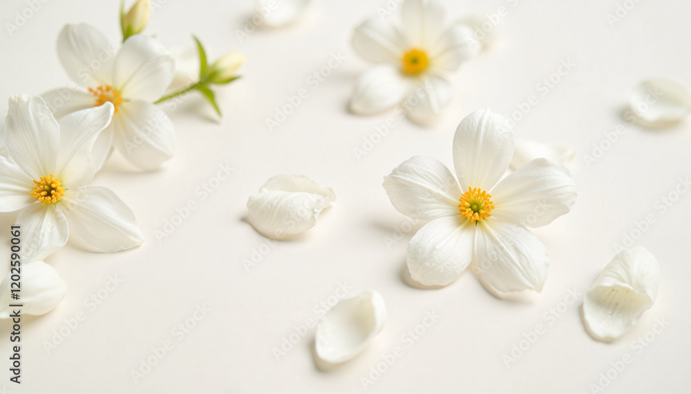 Fresh jasmine flowers scattered on neutral background, natural beauty Fresh jasmine flowers scattered on neutral background, natural beauty